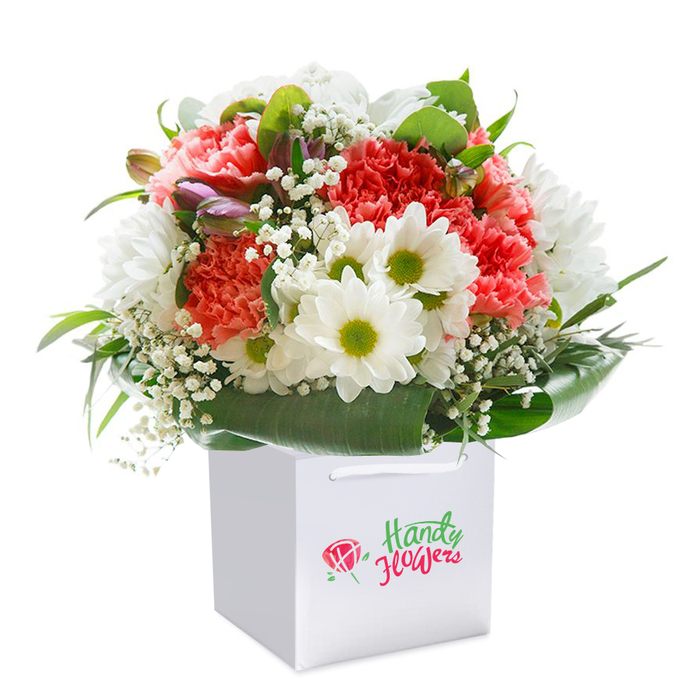 Expertly composed in a smart white gift bag, this vibrant floral bouquet offers a celebration of texture and colour, mirroring the lively character of Beckton. Coral and deep red carnations, known for their abundant, ruffled petals, dominate the arrangement, their hues echoing the sunsets over Beckton's green spaces. The ensemble is punctuated by fresh white daisies, each sporting a lively lime-green center, brightening the design and providing contrast alongside clouds of light, airy baby's breath that thread between blossoms. Rich green, broad leaves encircle the arrangement, serving as a natural, glossy backdrop-much like the leafy borders of Central Park Beckton. A handful of tightly closed purple-hued buds appear near the left side, hinting at future blooms and lending depth to the visual narrative. The full, rounded arrangement sits elegantly upright in the bag, framed by its sturdy white ribbon handles, an inviting touch for any celebration. Its white background heightens every colour and petal, reflecting the freshness and professional touch characteristic of Florist Beckton. Suitable for occasions from birthdays to anniversaries or as an unexpected surprise for a friend near the Gallions Reach area, this bouquet exudes generosity, care, and a distinctly local artistry.