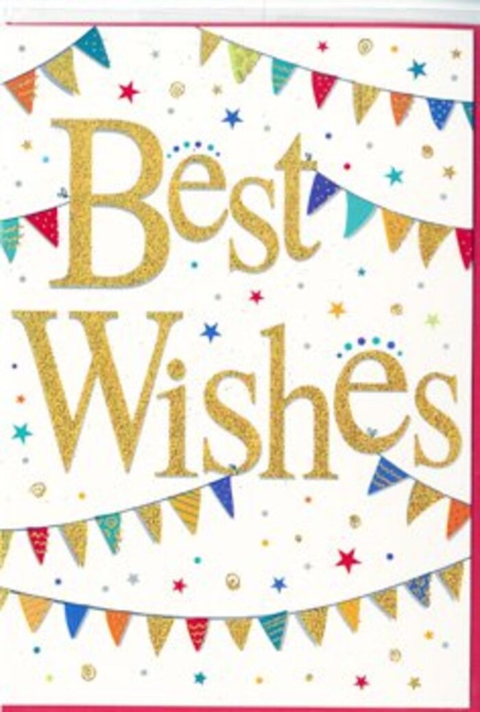 This Best Wishes card captures the feeling of a joyful gathering in Beckton, translated into a carefully balanced mix of gold, colour, and white space. At the centre, the words Best Wishes are rendered in elegant, looping gold script that flows smoothly from left to right, as if written in one confident motion. The letters have a gentle raised texture and a fine metallic finish, creating a soft shimmer that feels sophisticated rather than flashy, much like warm light filtering over homes around Cyprus and the Royal Albert Dock. Framing the golden phrase, two main strands of bunting arc gracefully across the card-one above, one below-creating the sense of a festive canopy around the message. Each tiny triangular flag is painted in bright, harmonious colours: cobalt and sky blues, ruby red, emerald green, mustard yellow, and occasional softer pastel notes. Some flags are solid blocks of colour, while others are adorned with simple stripes, dots, or geometric patterns, adding variety without overwhelming the eye. Sprinkled between these colourful lines, small stars and rounded confetti dots dot the background in similar tones, suggesting movement and the happy chaos of a celebration, yet their spacing keeps the design airy and uncluttered. The white backdrop remains dominant, giving the entire card a clean, modern feel that lets the golden text shine. The card's mood is light-hearted and hopeful, well-suited to congratulating someone on a new job around Gallions Reach, a successful exam result, or a new home in Beckton. Paired with a fresh flower arrangement delivered locally, this card would carry your warm wishes with a sense of shared excitement and genuine pride.