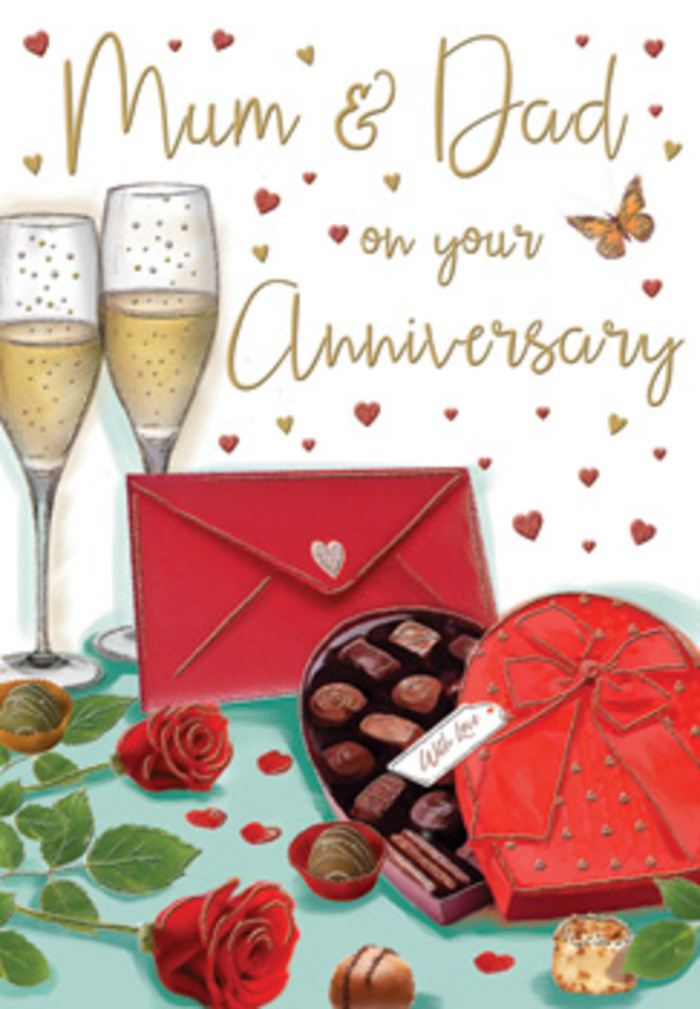 This beautifully rendered anniversary card evokes the comforting mood of an evening celebration in Beckton, perhaps after a meal shared at home overlooking Beckton District Park. At the centre, two tall champagne flutes stand slightly angled towards each other, as if leaning in for a toast. Their clear glass captures reflections of soft light, while inside, pale golden champagne shimmers gently. Tiny bubbles form delicate trails that rise upwards, frozen at the moment before the first sip. In the foreground, an open heart-shaped box of chocolates steals attention. Its rich crimson shell is adorned with an opulent, silky red bow, tied in plush loops that curve gracefully over the lid. Within the box, neatly spaced chocolates of differing shapes sit nestled in dark, protective cups, their glossy surfaces suggesting decadent fillings ready to be savoured together. To one side, two opulent red roses rest atop a spray of fresh green leaves, the petals densely layered and velvety, like roses chosen by a detail-focused florist from Beckton for a milestone anniversary. Their rich colour resonates with a scarlet envelope lying close by, perfectly sealed and poised as though waiting to be opened to reveal a personal message for Mum and Dad or another cherished couple. Surrounding the main elements, small gold and crimson hearts float across a soft, neutral background, giving the design a gentle, celebratory rhythm. The entire composition feels intimate yet joyful, conjuring the quiet sound of clinking glasses, the imagined perfume of fresh roses, and the shared sweetness of chocolates-the essence of a tender anniversary evening in a Beckton home.