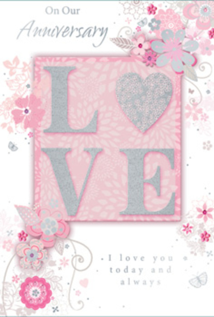 In this image, an anniversary card is displayed that captures the feeling of gentle celebration, much like a romantic bouquet arriving at a doorstep near Newham Way in Beckton. The central feature is the word LOVE, set in large, capital letters that are embossed and lightly cushioned, so they lift distinctly from the card's surface. Each letter is dressed in a delicate coating of blush and pearly glitter, with discreet touches of silver that sparkle softly as the light moves, inviting the fingertips to linger and explore the textured finish. Around this word, finely drawn flowers and foliage flow in curving lines. The blooms are stylised rather than realistic, with slender petals and simple, rounded centres, executed in a refined palette of pastel pinks, ivory whites, and cool greys. Shaded with care, they evoke the layers of real petals without crowding the design. Thin, winding stems and leaves, some gently tipped with silver, weave amongst the blossoms, creating soft arcs and loops that frame the central text. The background is a smooth wash of soft, powdery pink, reminiscent of the pale tones often requested for anniversary arrangements delivered to homes just off Tollgate Road. Small decorative details-tiny dots of silver, miniature buds, and graceful swirls-are scattered like confetti, enhancing the sensation of a quiet, private celebration. An understated cursive script spells out loving anniversary messages, its flowing lines harmonising with the floral curves. Altogether, the card radiates warmth, tenderness, and a sense of time well shared, making it feel like a keepsake to be treasured alongside photographs and mementoes of life together in Beckton.