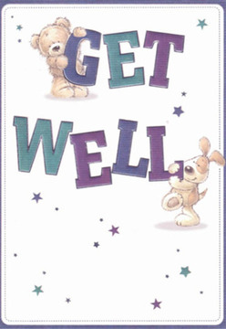 Comfort and lightness spring to life in this beautifully crafted get well card, its artwork shining with playful sincerity reminiscent of Beckton's welcoming streets. The centrepiece features an adorable teddy bear gently perching atop the word 'GET,' while a lively puppy leans in supportively beneath the bold 'WELL'-their rounded forms and kind eyes speaking volumes of care and hope. Layers of vibrant purple and teal in the large lettering draw the viewer's gaze, set against an immaculate white canvas that echoes the fresh, open spaces found near Beckton's Central Park. Scattered throughout, tiny stars in gradients of blue and violet twinkle with quiet optimism, their sparkle akin to sunlight glinting on the waters along Gallions Reach. The texture in the illustration is masterful, each furry detail so soft it almost invites touch, recalling the gentle hand of a florist preparing cheerful bouquets for same-day delivery to families throughout Beckton. Just as a floral arrangement is crafted with personal care, this card's message comes alive in every brushstroke-designed not just to wish recovery, but to offer a genuine, emotional lift. The balanced composition and open, inviting tone make this scene perfect for conveying nurturing support when it's needed most.