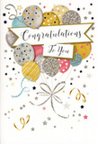 In this image, a tall congratulatory greeting card stands upright, its front transformed into a softly radiant scene of balloons, ribbons, and starlike confetti, perfect for marking a proud milestone in Beckton. At the heart of the design, a cluster of rounded balloons appears to float upward from the lower portion of the card, overlapping in an airy arrangement that suggests motion without any harsh lines. They glow in metallic shades of gold, silver, champagne, sky blue, blush pink, and muted grey, each balloon carrying its own decorative charm-some feature glittering horizontal bands, others are sprinkled with tiny stars, and several are dotted with fine, shimmering specks that evoke the twinkle of lights reflected on the nearby docks. From the base of every balloon, slender gold and silver ribbons cascade downward, curling and twisting before meeting in a single elegant knot toward the bottom, giving a feeling of gentle movement like streamers fluttering in a light breeze along the paths of New Beckton Park. Across the centre, a wide banner ribbon cuts gracefully across the balloons, bearing the message Congratulations To You in flowing, decorative script that feels warm, genuine, and just a touch formal-ideal for graduations, promotions, or personal triumphs celebrated around Beckton. The soft, neutral background is lightly scattered with metallic stars, tiny dots, and swirling line motifs, adding a sense of festive sparkle without overwhelming the calm, sophisticated look. You can almost imagine the smooth cardstock between your fingers and the slightly raised texture of the glitter and metallic ink as you slip this card beside a bouquet before heading out past Beckton Park Station to deliver heartfelt congratulations. The overall mood is one of lightness, joy, and quietly shining pride.