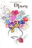 Mother's Day card illustration presenting a joyful watercolour bouquet inside a rounded vase, as if arranged with care in a cosy Beckton flower studio. The flowers are painted in a vivid palette: rich purples, plum tones, bright cerise, and playful pinks mingle with cool splashes of blue and lavender, while hints of fresh green peek out between the blooms. Each petal is formed from loose, expressive strokes that overlap and blend, giving the sense that the bouquet is alive with quiet movement, like stems gently nodding in the breeze near the paths around Beckton's green spaces. Subtle golden outlines and tiny metallic accents highlight key petals and leaves, introducing a refined shimmer that contrasts beautifully with the soft, fluid paint. The bouquet springs from a simple, softly shaded vase at the lower centre, tied with an elegant golden bow whose loops and tails are rendered in smooth, confident brushwork, evoking the familiar feel of ribbon a florist pulls tight around a finished arrangement. Surrounding the main cluster, tiny flecks of colour, delicate hearts, and splattered droplets hover against the clean white background, suggesting scattered petals, shared laughter, and the festive energy of a family Mother's Day gathering. The overall effect is both airy and heartfelt-an image that carries the warmth of a hug, the brightness of spring in Beckton, and the sincerity of saying thank you, Mum through colour, texture, and thoughtful artistry captured on paper.