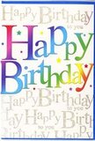 This birthday card captures the upbeat mood of a Beckton get-together, its design bursting with the kind of colour you might see spilling from a bouquet on a table near Winsor Park. Dominating the front, the words Happy Birthday appear in large, bold letters that feel modern and welcoming, each one filled with a softly blended sweep of colour. The gradient runs from rich reds and pinks through juicy oranges and warm yellows into lively greens and tranquil blues, so the message looks like a continuous ribbon of rainbow light rather than separate blocks. The effect is playful yet polished, echoing the way a florist in Beckton blends shades in a celebratory arrangement. Behind this bright central text, the background is completely covered in fine, flowing gold script, where Happy Birthday to you is written over and over in slim, elegant curls. The metallic ink glimmers gently, creating a quiet, sophisticated sparkle that contrasts beautifully with the bold foreground letters. Around the composition, tiny stars, dots, and flecks of colour are sprinkled like delicate confetti, adding an extra layer of festivity without cluttering the design. The card surface appears smooth and slightly reflective, with a satiny sheen that suggests a pleasant weight in the hand. Overall, the image conveys a warm, joyful, and carefully crafted birthday greeting-exactly the kind of card you might include with a fresh flower delivery from Florist Beckton, making a birthday in the local area feel not just remembered, but truly celebrated in full colour.