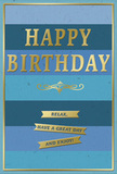 This birthday card offers a calm yet celebratory design, with its layered blue background and refined gold detailing creating an atmosphere of easy enjoyment that suits Beckton's friendly, residential feel. The card is covered in broad horizontal stripes of blue, each stripe seamlessly blending into the next-from dark navy near the top down through softer shades of denim, teal and pale sky blue toward the bottom. The effect feels like watching the sky open over Beckton Alp on a clear day. In the center, the words HAPPY BIRTHDAY are stamped in bold, embossed capital letters made of shiny gold foil, rising slightly from the surface and catching the light in soft glints. Just below this bold greeting, a delicate golden flourish sweeps across, uniting the upper and lower parts of the design with a touch of classical charm. Underneath, three narrow gold banners are arranged one under another, each banner carrying a portion of the complete birthday wish: Relax, have a great day and enjoy! These glowing ribbons of gold sit calmly against the matte blues, like sunbeams across a quiet sea. A slim gold border frames the entire image, giving the card a polished, finished look, as though it has been carefully mounted in a frame. You can imagine this card resting beside freshly delivered birthday flowers from Florist Beckton on a dining table, its gentle colors and inviting message encouraging the recipient to pause, smile and truly enjoy their special day.