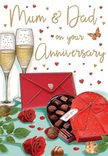 This anniversary card design unfolds like a romantic scene on a coffee table in Beckton, lovingly arranged to honour enduring love. Two slender champagne flutes stand together at the centre, close enough that their curved rims almost touch. Each glass is filled with pale golden champagne, where pinpricks of light shimmer on the surface and fine trails of bubbles rise slowly from the base, as if in time with a soft laugh or whispered toast. In front of this pair, an open heart-shaped box of chocolates takes pride of place. Its deep red casing is finished with a lavish satin bow, the fabric rendered in sweeping curves that catch the light, hinting at a smooth, touchable texture. Inside, an assortment of chocolates is carefully arranged-rounded, square, and oval pieces sitting snugly in dark trays, their glossy finishes speaking of rich, shared indulgence. Alongside, two sumptuous red roses nestle into a bed of fresh green foliage, their tightly layered petals plush and velvety, just like premium stems selected by Florist Beckton for a special anniversary delivery. A vivid scarlet envelope rests nearby, neatly sealed with a small heart, suggesting handwritten words meant only for Mum and Dad or a long-married couple. Over the entire scene, tiny gold and crimson hearts drift like gentle confetti across a soft, neutral background, tying every element together with a sense of romance and joy. The card captures that familiar Beckton feeling of coming home, pouring champagne, sharing chocolates, and quietly celebrating another year side by side.